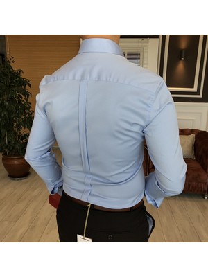 Terzi Adem İtalyan Stil Slim Fit Dik Yaka Saten Erkek Gömlek Mavi T4750