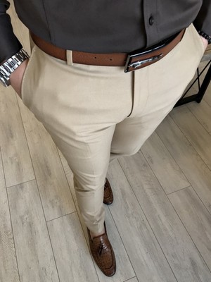 Terzi Adem İtalyan Stil Slim Fit Erkek Kumaş Pantolon Açık Camel T4678