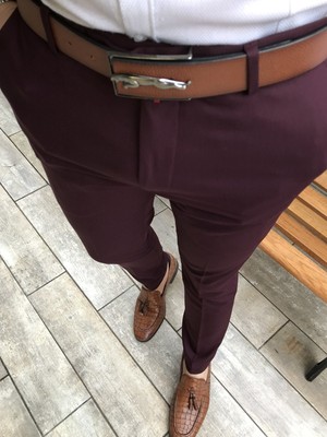 Terzi Adem İtalyan Stil Slim Fit Erkek Kumaş Pantolon Bordo T4423