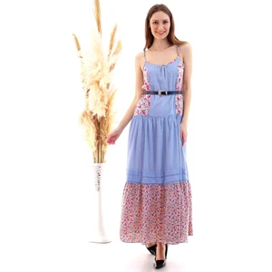Cotton Mood 20050505 Dokuma Çiçek Desenli Askılı Uzun Elbise Mavı Çıçek Desen