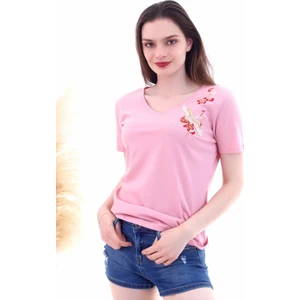 Cotton Mood 7130562 Leylek Nakışlı V Yaka Boyfriend Kısa Kol Bluz Gul Kurusu