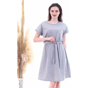 Cotton Mood 9292931 Ikiiplik Beli Lastikli Yarasa Kol Elbise Gri Melanj