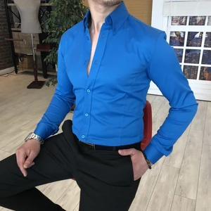 Terzi Adem İtalyan Stil Slim Fit Dik Yaka Saten Erkek Gömlek Saks T4744