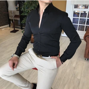 Terzi Adem İtalyan Stil Slim Fit Dik Yaka Saten Erkek Gömlek Siyah T4739