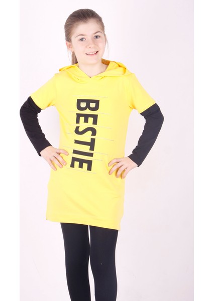 Kız Çocuk Bestie Baskılı Kapüşonlu Elbise