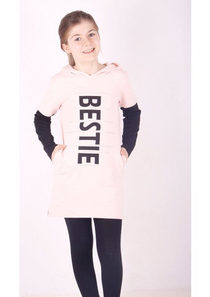 Kız Çocuk Bestie Baskılı Kapüşonlu Elbise
