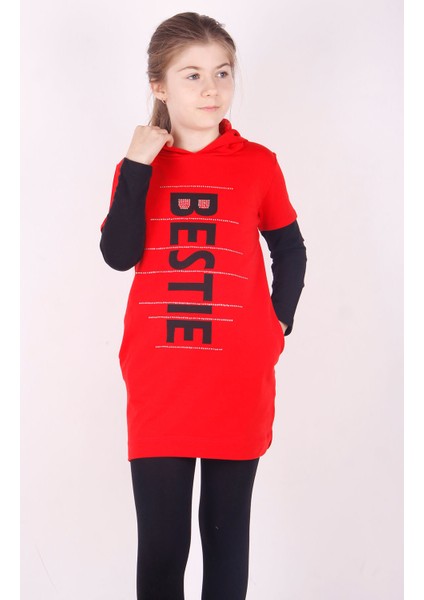 Kız Çocuk Bestie Baskılı Kapüşonlu Elbise