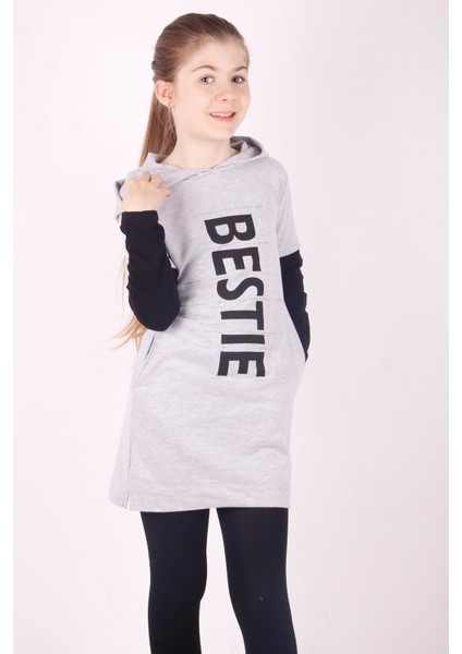 Kız Çocuk Bestie Baskılı Kapüşonlu Elbise