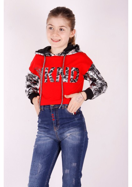Kız Çocuk Kamuflaj Desenli Kapüşonlu Sweatshirt