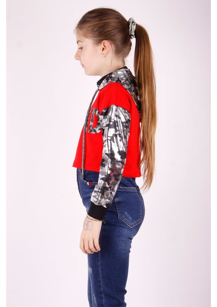 Kız Çocuk Kamuflaj Desenli Kapüşonlu Sweatshirt