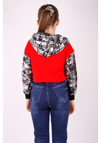 Kız Çocuk Kamuflaj Desenli Kapüşonlu Sweatshirt