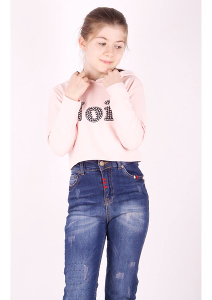 Kız Çocuk Taş İşlemeli Kapüşonlu Sweatshirt