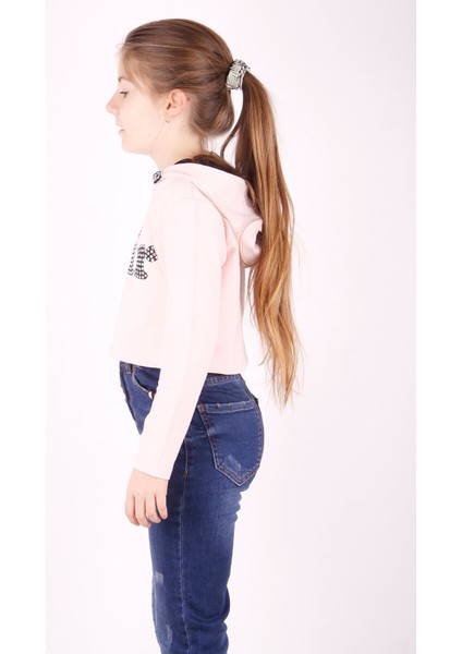 Kız Çocuk Taş İşlemeli Kapüşonlu Sweatshirt