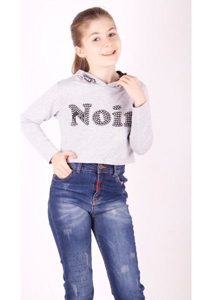 Kız Çocuk Taş İşlemeli Kapüşonlu Sweatshirt