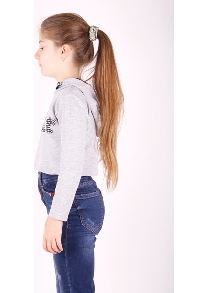 Kız Çocuk Taş İşlemeli Kapüşonlu Sweatshirt