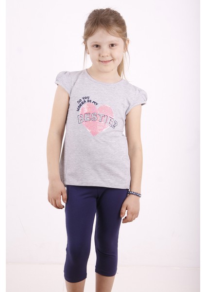 Kız Bestie Baskılı Pul İşlemeli Taytlı Takım