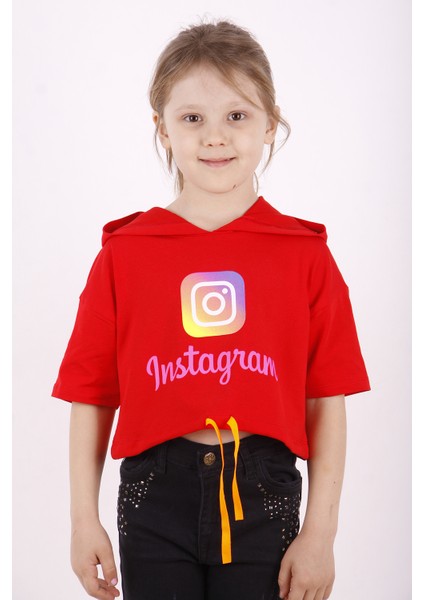 Kız Çocuk Baskılı Kapüşonlu T-Shirt