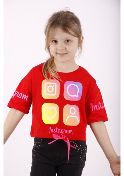 Kız Çocuk Instagram Baskılı Crop T-Shirt