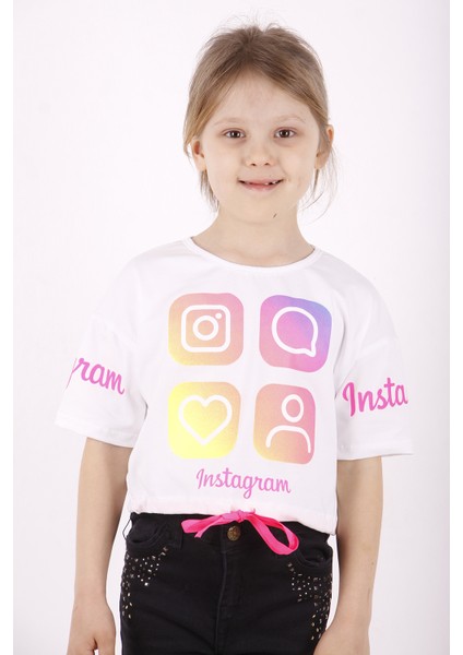 Kız Çocuk Instagram Baskılı Crop T-Shirt