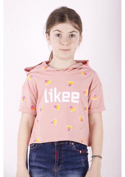 Kız Çocuk Likee Baskılı Kapüşonlu T-Shirt