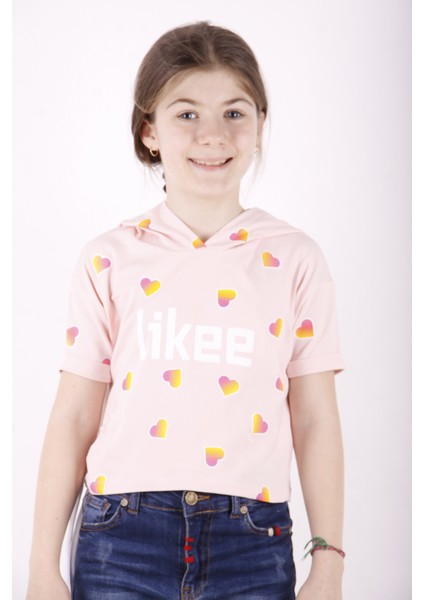 Kız Çocuk Likee Baskılı Kapüşonlu T-Shirt