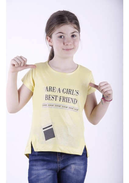 Kız Çocuk Best Friend Baskılı Taş Detaylı T-Shirt