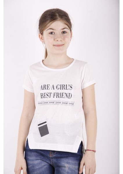 Kız Çocuk Best Friend Baskılı Taş Detaylı T-Shirt