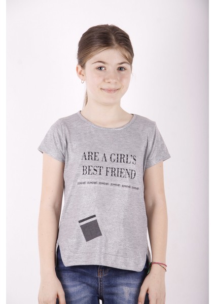 Kız Çocuk Best Friend Baskılı Taş Detaylı T-Shirt