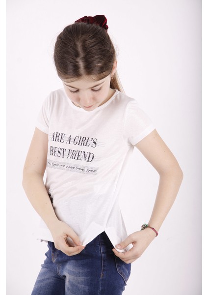 Kız Çocuk Best Friend Baskılı Taş Detaylı T-Shirt
