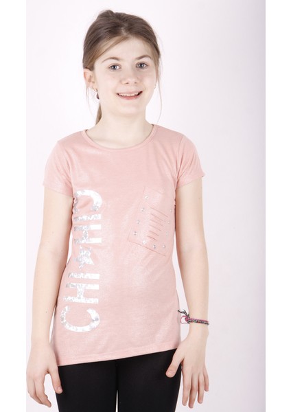 Kız Çocuk Yıldız Baskılı Kesik Cep Detaylı T-Shirt
