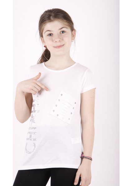 Kız Çocuk Yıldız Baskılı Kesik Cep Detaylı T-Shirt