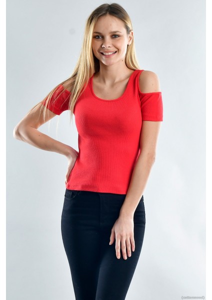 20021670 Kaşkorse Omuzu Açık Kısa Kol Bluz Kırmızı M