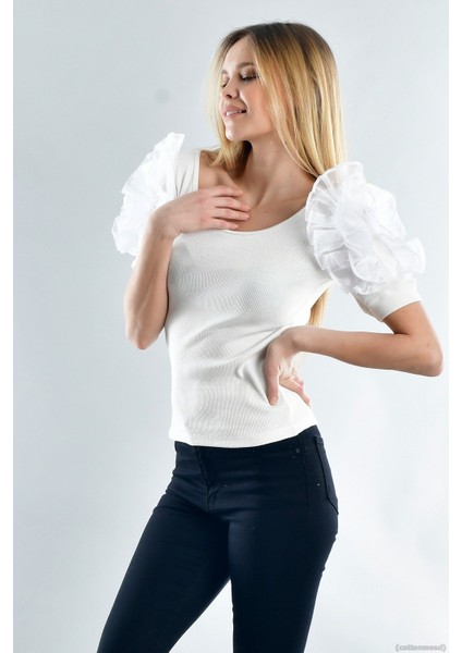 20021929 Kaşkorse Kısa Kol Omuzu Tül Bluz Ekru S fiyatları