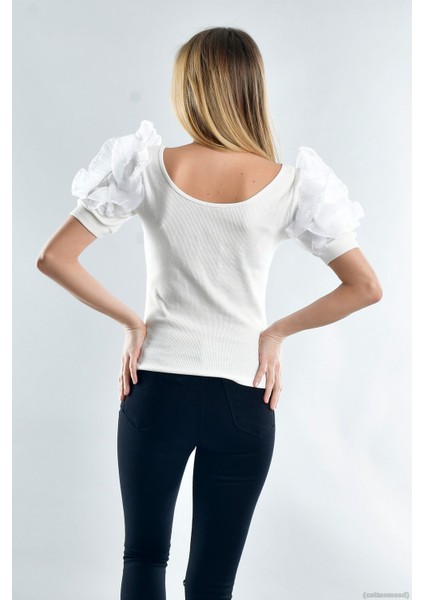 20021929 Kaşkorse Kısa Kol Omuzu Tül Bluz Ekru S modelleri