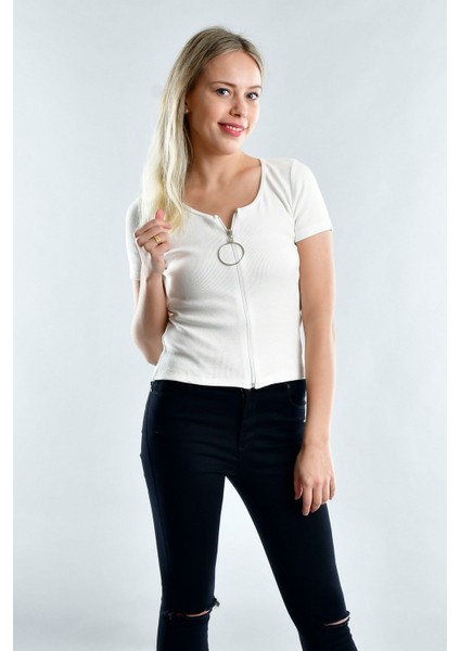 20021941 Kaşkorse Önü Fermuarlı Kısa Kol Bluz Ekru S