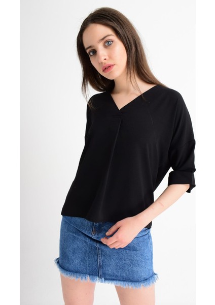 9182879 Kobe Yaka Bindirmeli Capri Kol Bluz Siyah S fiyatları