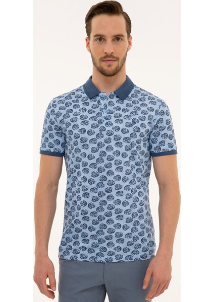 Erkek Mavi Slim Fit Baskılı Polo Yaka Tişört 50220880-VR036