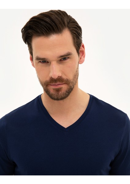 Erkek Lacivert Slim Fit Basic Tişört 50218576-VR033