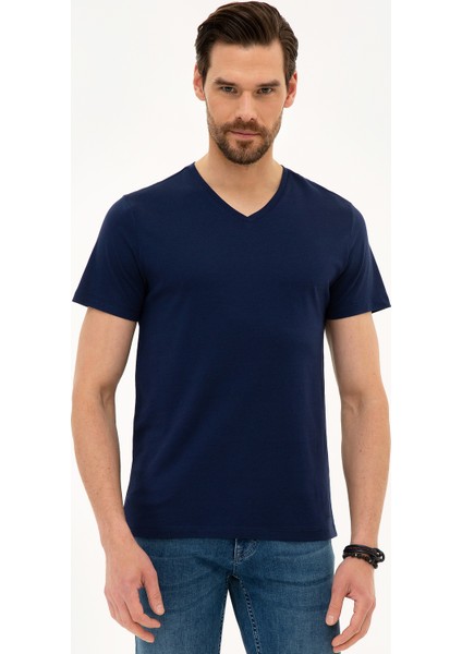 Erkek Lacivert Slim Fit Basic Tişört 50218576-VR033
