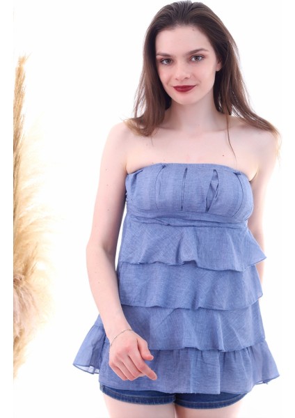 20053022 Straplez Nervürlü Eteği Kat Kat Fırfırlı Bluz Indıgo fiyatları