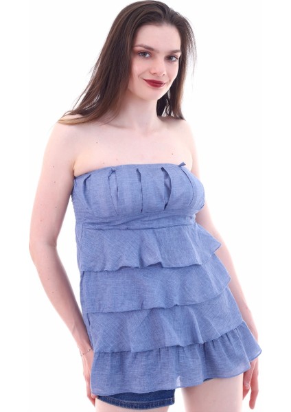 20053022 Straplez Nervürlü Eteği Kat Kat Fırfırlı Bluz Indıgo fırsatları