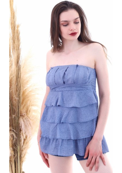 20053022 Straplez Nervürlü Eteği Kat Kat Fırfırlı Bluz Indıgo indirimleri