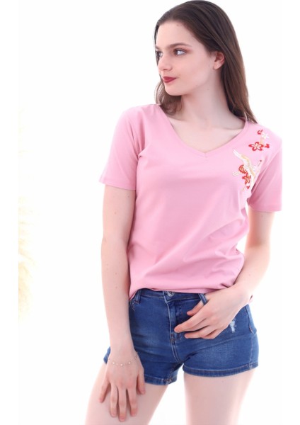 7130562 Leylek Nakışlı V Yaka Boyfriend Kısa Kol Bluz Gul Kurusu fiyatları