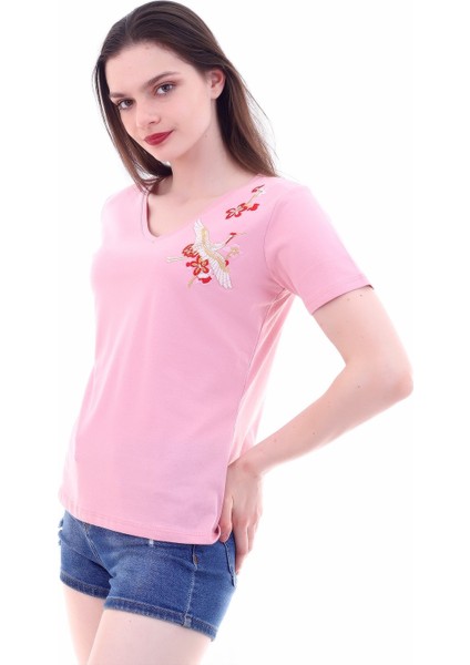 7130562 Leylek Nakışlı V Yaka Boyfriend Kısa Kol Bluz Gul Kurusu modelleri