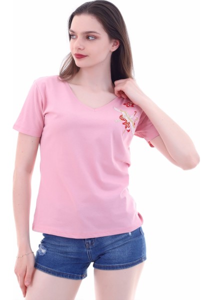 7130562 Leylek Nakışlı V Yaka Boyfriend Kısa Kol Bluz Gul Kurusu fırsatları