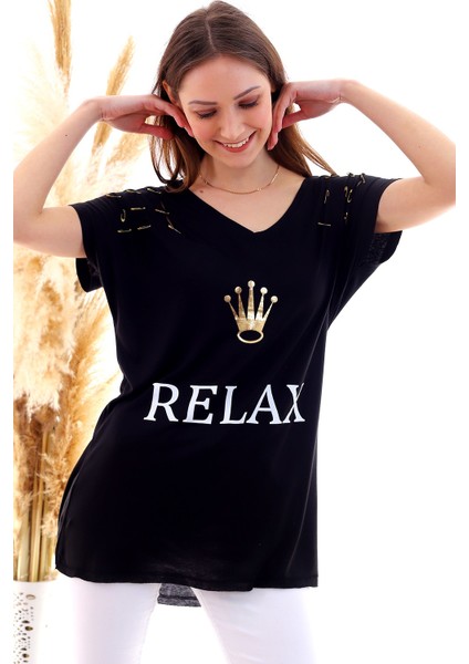 20050509 Süprem Relax Baskılı Omuzları Çengel Igneli Tunik Siyah