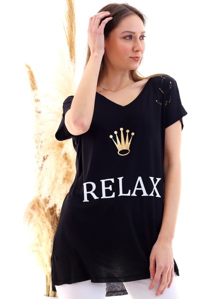 20050509 Süprem Relax Baskılı Omuzları Çengel Igneli Tunik Siyah fiyatları