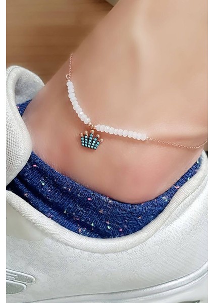 Turkuaz taşlı taç figürlü Kristal kuvars taşlı Gümüş Halhal