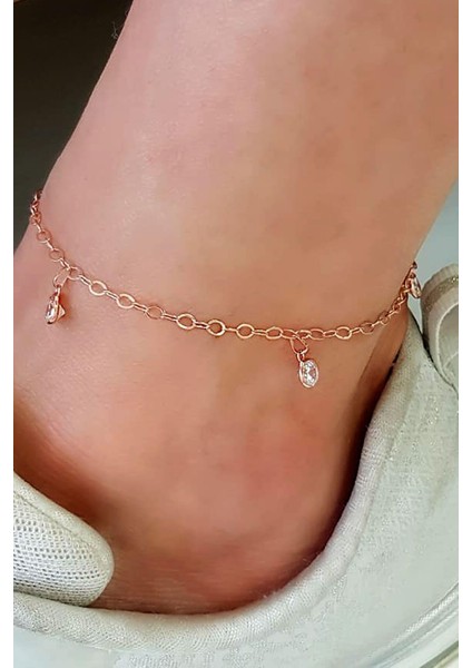Zirkon taşlı gümüş üzerine rose altın kaplamalı halhal