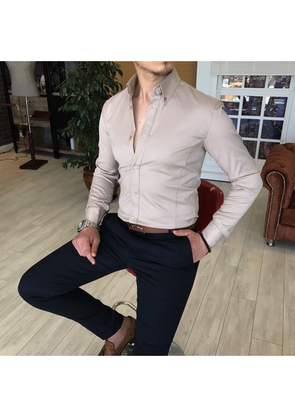 İtalyan Stil Slim Fit Dik Yaka Saten Erkek Gömlek Bej T4751